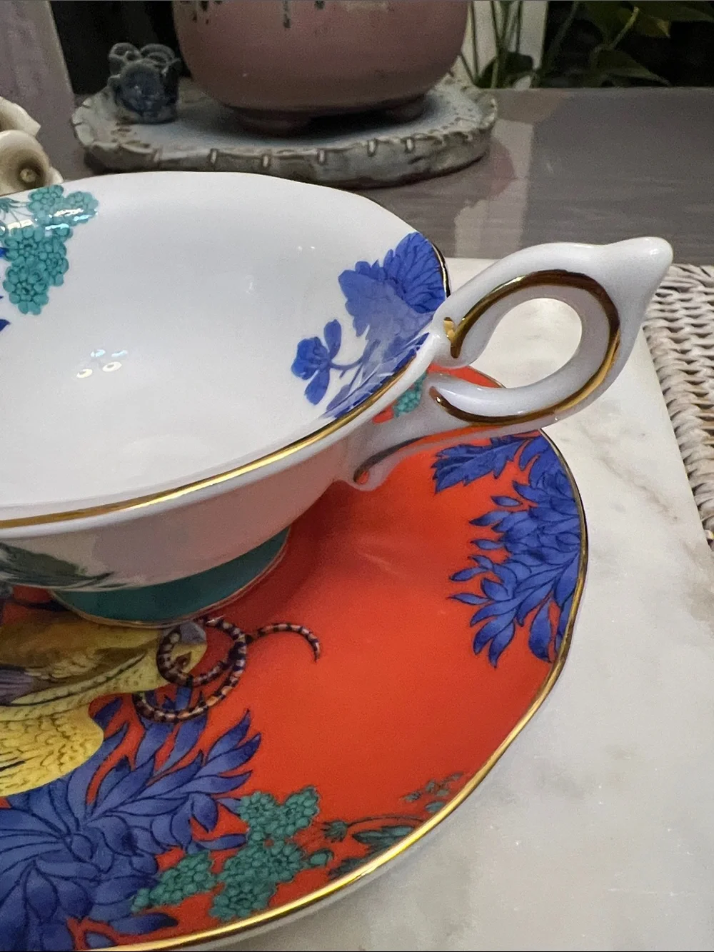 Wedgwood Teacup and Saucer Set in Red, Blue & Gold